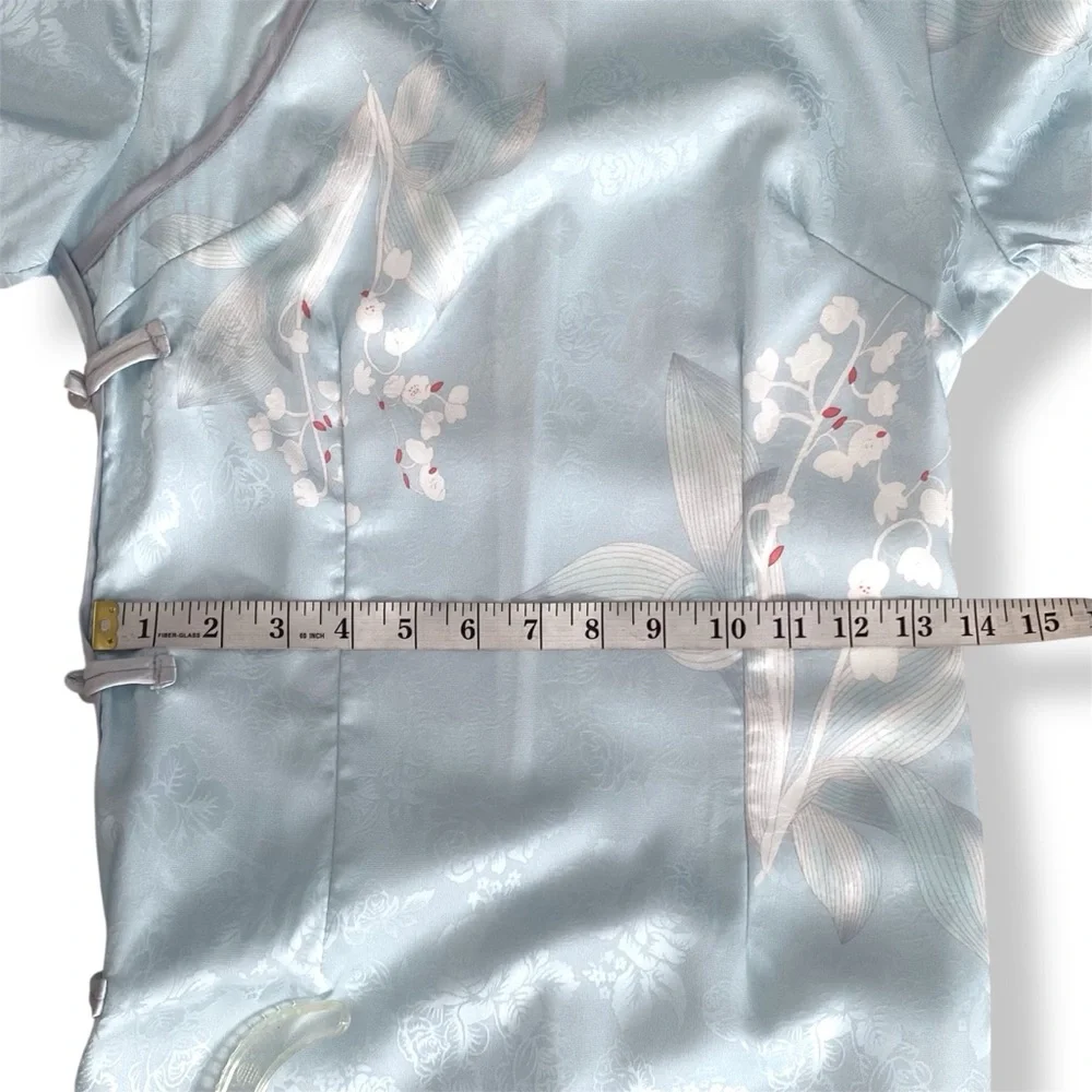 Lilly of the Vally Floral Short Sleeve Midi Blue Cheongsam Qipao Chinese Size S - Picture 7 of 10